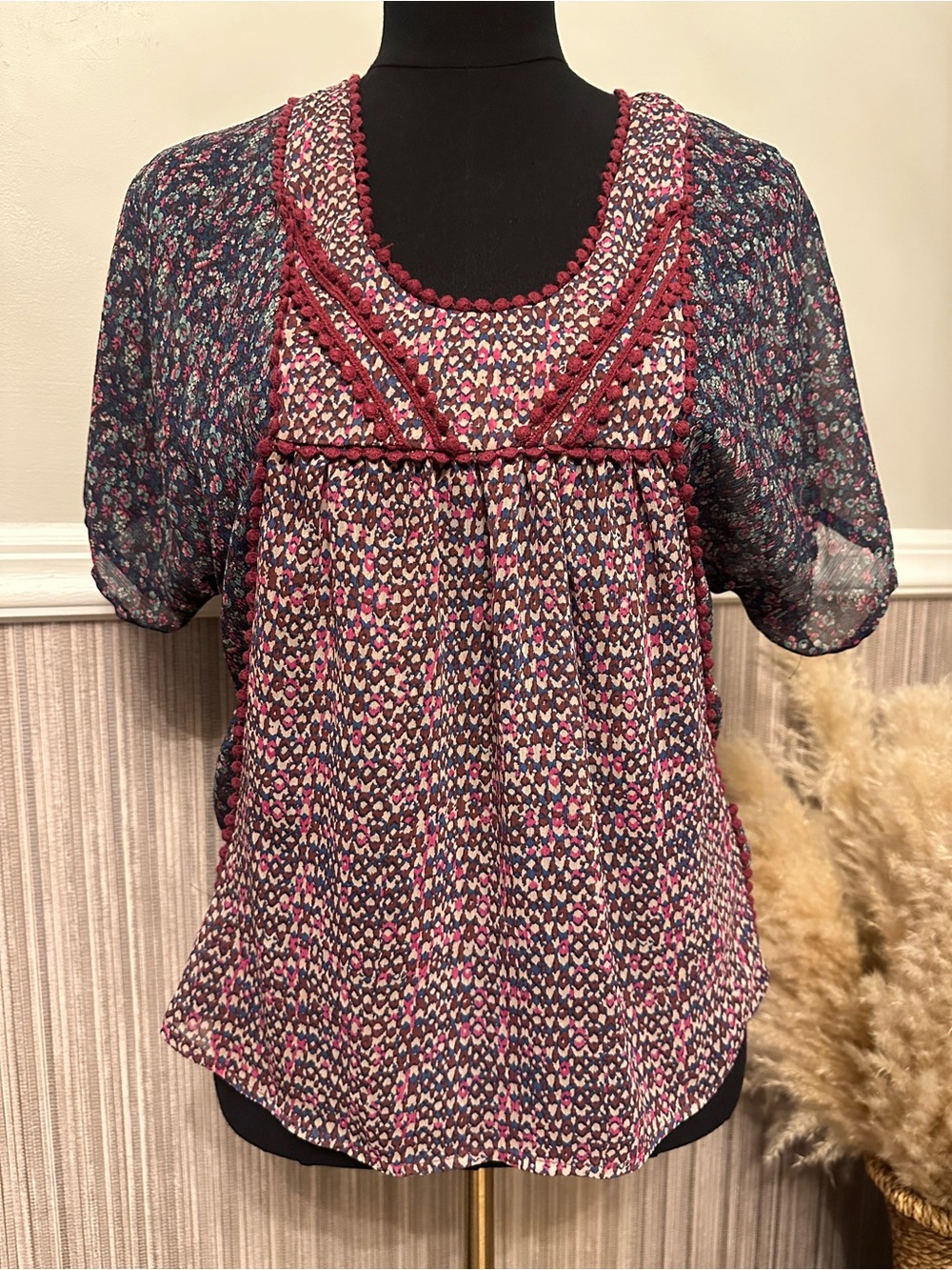 Xhilaration Womens Small Boho Mixed Print Sheer Pom Pom Trim Peasant Blouse Top